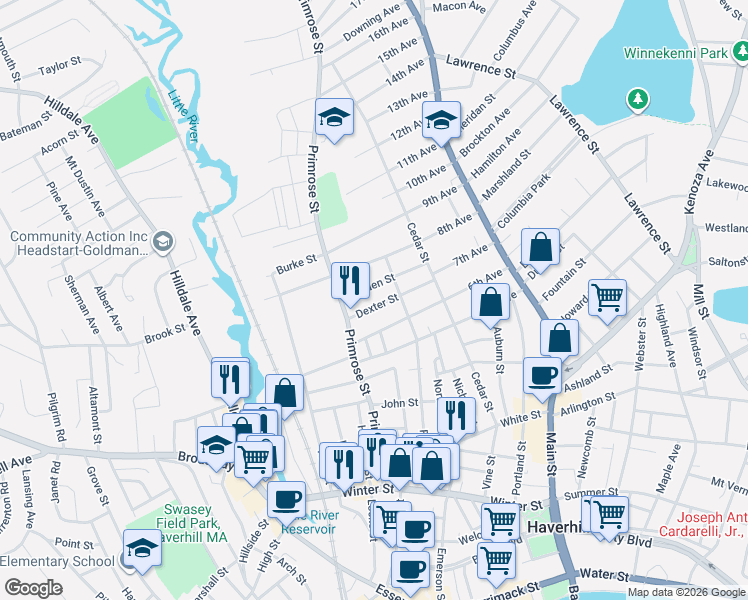 map of restaurants, bars, coffee shops, grocery stores, and more near in Haverhill