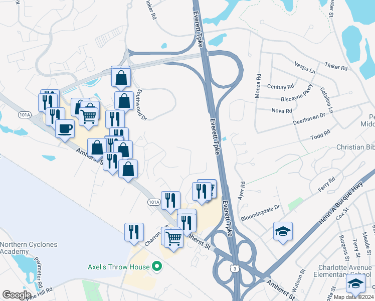 map of restaurants, bars, coffee shops, grocery stores, and more near 5 Hartford Lane in Nashua