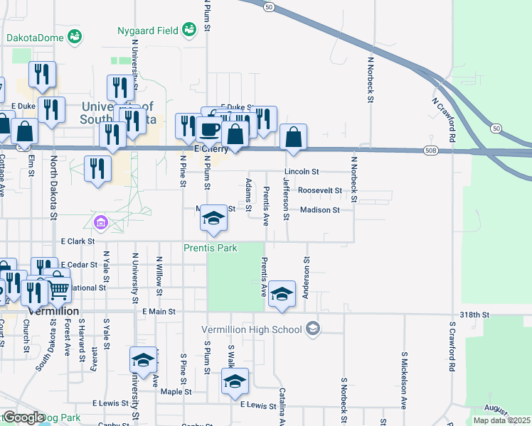 map of restaurants, bars, coffee shops, grocery stores, and more near 430 Prentis Avenue in Vermillion