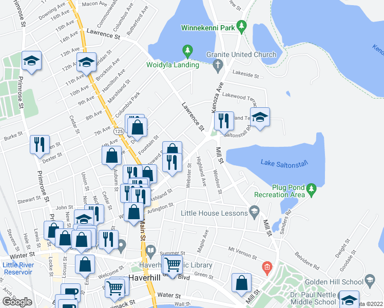 map of restaurants, bars, coffee shops, grocery stores, and more near 121 Kenoza Avenue in Haverhill