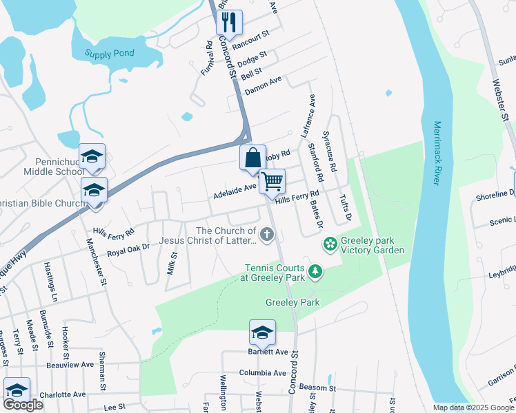 map of restaurants, bars, coffee shops, grocery stores, and more near 2 Smithfield Terrace in Nashua