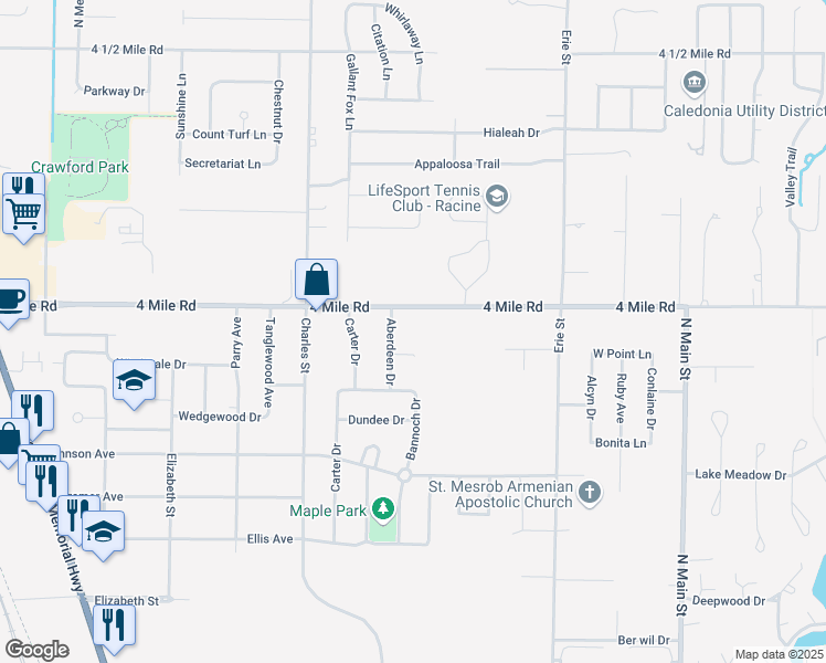 map of restaurants, bars, coffee shops, grocery stores, and more near 1015 4 Mile Road in Racine