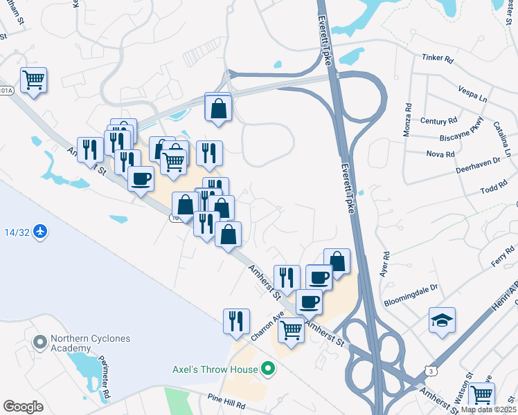 map of restaurants, bars, coffee shops, grocery stores, and more near 115 Cannongate III Road in Nashua