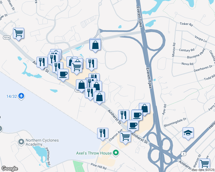 map of restaurants, bars, coffee shops, grocery stores, and more near 115 Cannongate III Road in Nashua