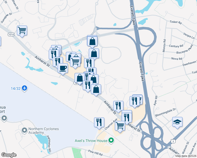 map of restaurants, bars, coffee shops, grocery stores, and more near 24 Trafalgar Square in Nashua