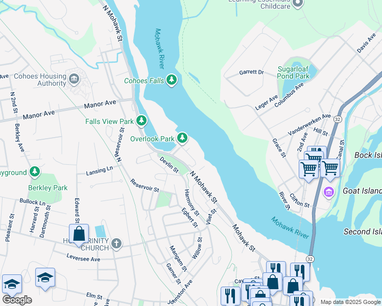 map of restaurants, bars, coffee shops, grocery stores, and more near 33 Cataract Street in Cohoes