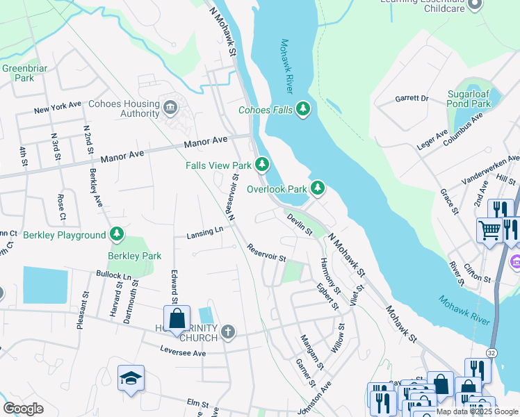 map of restaurants, bars, coffee shops, grocery stores, and more near 244 North Mohawk Street in Cohoes