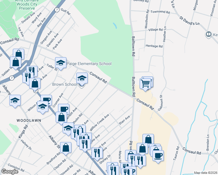 map of restaurants, bars, coffee shops, grocery stores, and more near 309 Eastholm Road in Schenectady