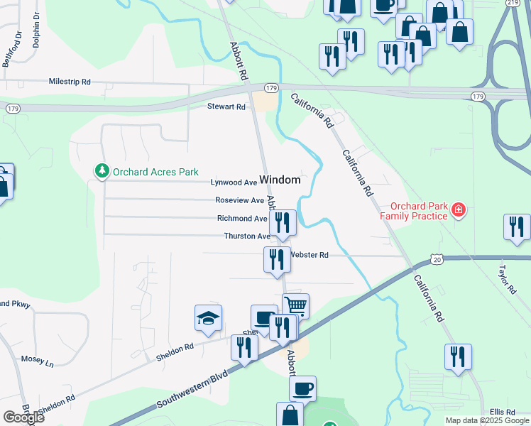 map of restaurants, bars, coffee shops, grocery stores, and more near 3649 Abbott Road in Orchard Park