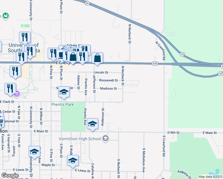 map of restaurants, bars, coffee shops, grocery stores, and more near 1309 Roosevelt Street in Vermillion