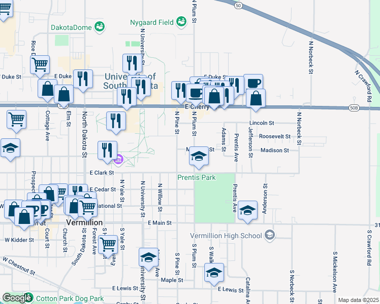 map of restaurants, bars, coffee shops, grocery stores, and more near 417-499 North Pine Street in Vermillion
