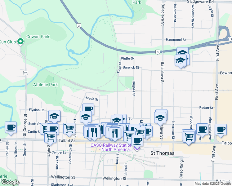 map of restaurants, bars, coffee shops, grocery stores, and more near 104 Flora Street in St. Thomas