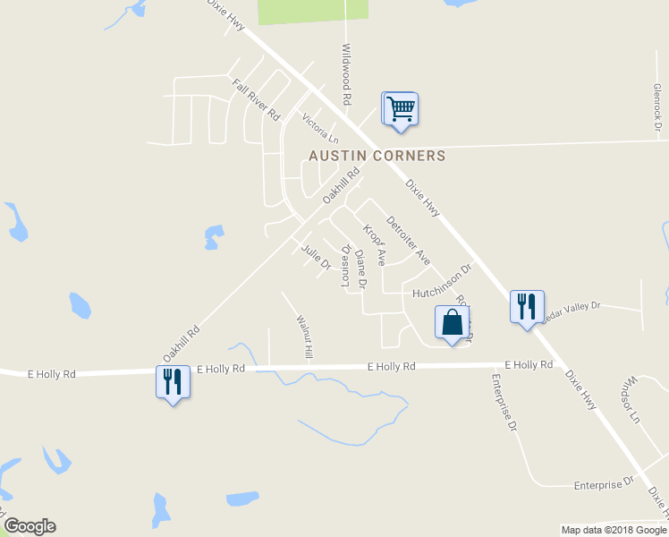 map of restaurants, bars, coffee shops, grocery stores, and more near 17125 Julie Drive in Springfield Township