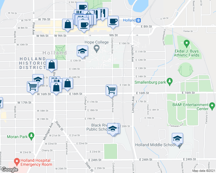 map of restaurants, bars, coffee shops, grocery stores, and more near 142 East 15th Street in Holland