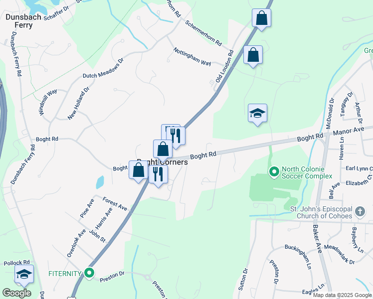 map of restaurants, bars, coffee shops, grocery stores, and more near 591 Boght Road in Cohoes