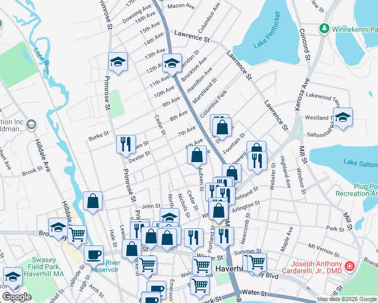 map of restaurants, bars, coffee shops, grocery stores, and more near 7 6th Avenue in Haverhill