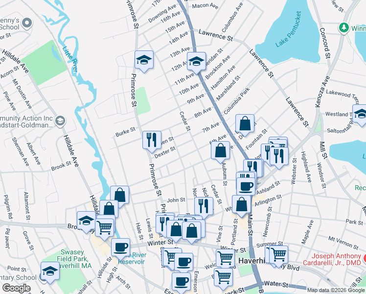 map of restaurants, bars, coffee shops, grocery stores, and more near 12 Garden Street in Haverhill