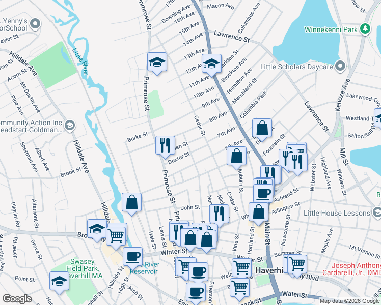 map of restaurants, bars, coffee shops, grocery stores, and more near 12 Garden Street in Haverhill