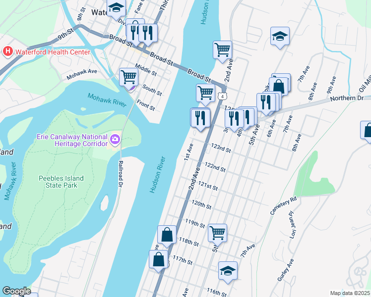 map of restaurants, bars, coffee shops, grocery stores, and more near 813 1st Avenue in Troy