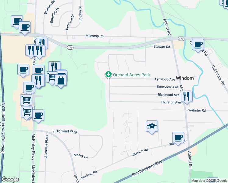 map of restaurants, bars, coffee shops, grocery stores, and more near 4950 Roseview Avenue in Buffalo