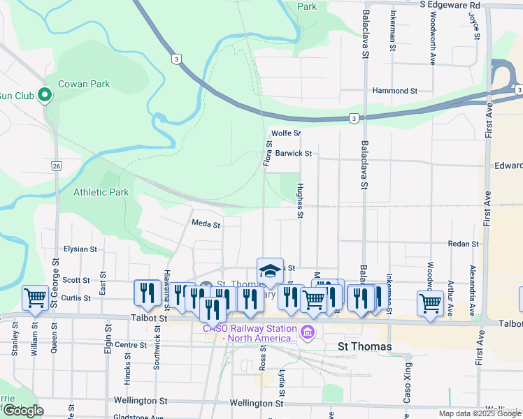 map of restaurants, bars, coffee shops, grocery stores, and more near 104 Flora Street in St. Thomas