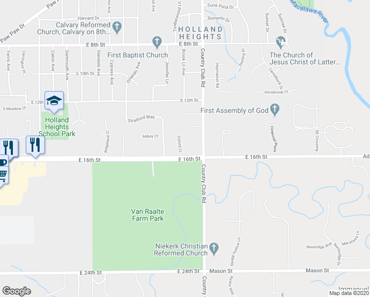 map of restaurants, bars, coffee shops, grocery stores, and more near 345 Oxford Court in Holland