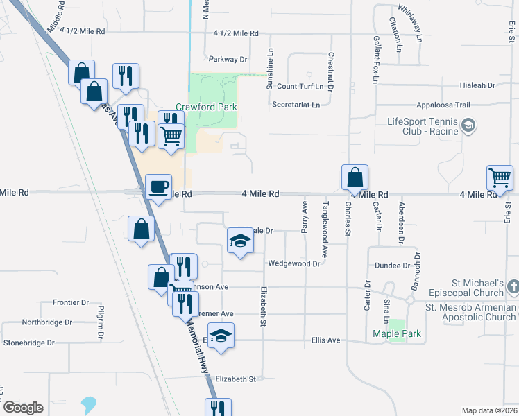 map of restaurants, bars, coffee shops, grocery stores, and more near 2001 4 Mile Road in Racine