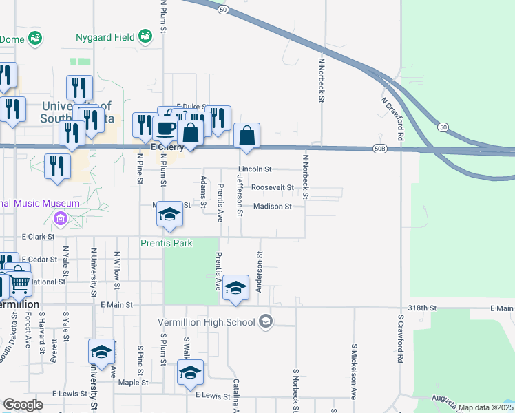 map of restaurants, bars, coffee shops, grocery stores, and more near 1205 Roosevelt Street in Vermillion