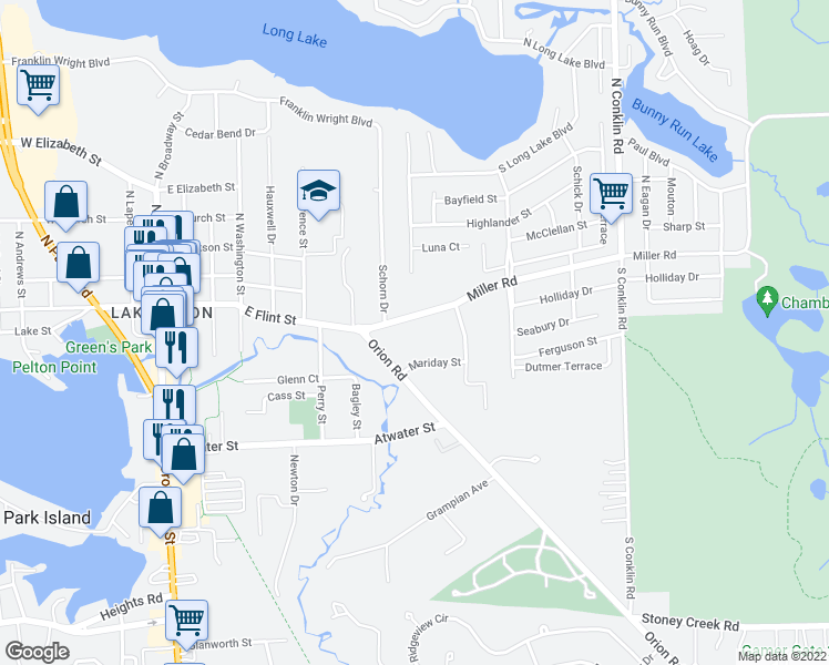 map of restaurants, bars, coffee shops, grocery stores, and more near 690 Miller Road in Orion Township