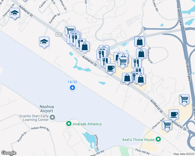 map of restaurants, bars, coffee shops, grocery stores, and more near 20 Cotton Road in Nashua