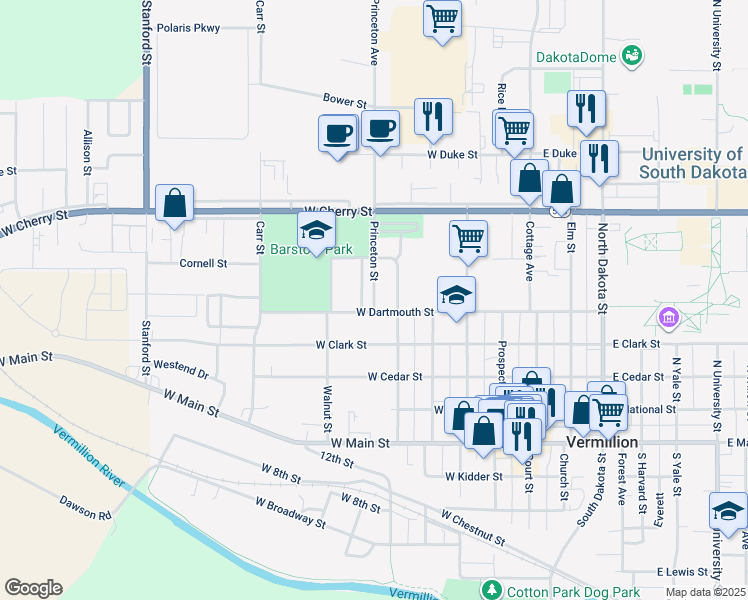 map of restaurants, bars, coffee shops, grocery stores, and more near 422 Princeton Street in Vermillion