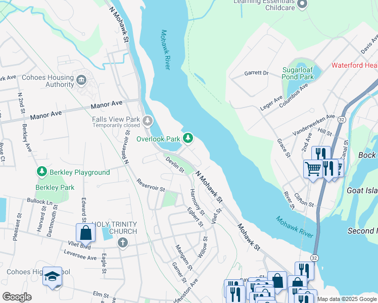 map of restaurants, bars, coffee shops, grocery stores, and more near 22 Cataract Street in Cohoes
