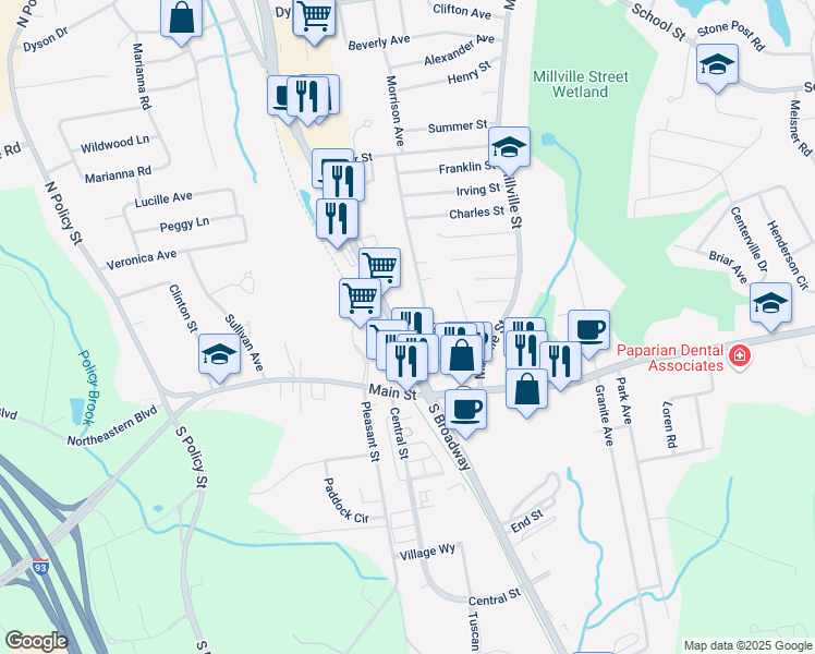 map of restaurants, bars, coffee shops, grocery stores, and more near 78 North Broadway in Salem