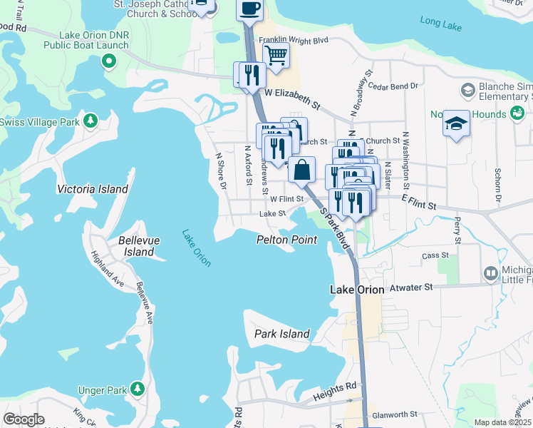 map of restaurants, bars, coffee shops, grocery stores, and more near Lake Street in Orion charter Township