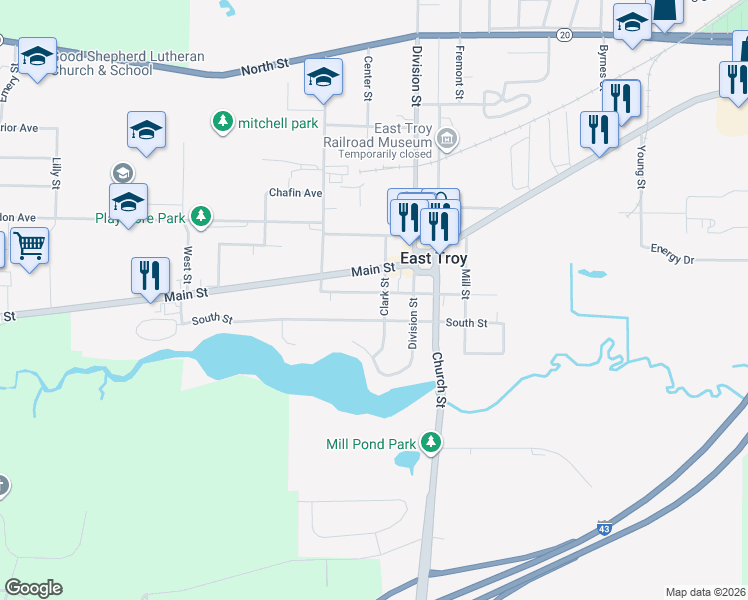 map of restaurants, bars, coffee shops, grocery stores, and more near 2116 Clark Street in East Troy