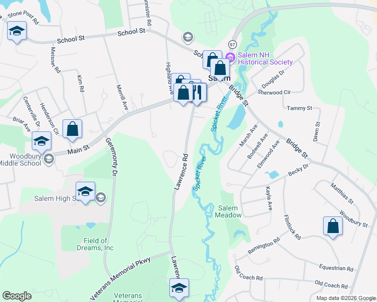 map of restaurants, bars, coffee shops, grocery stores, and more near 25 Lawrence Road in Salem