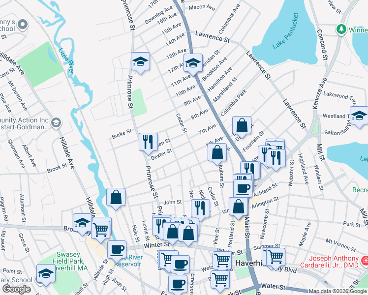 map of restaurants, bars, coffee shops, grocery stores, and more near 12 Garden Street in Haverhill