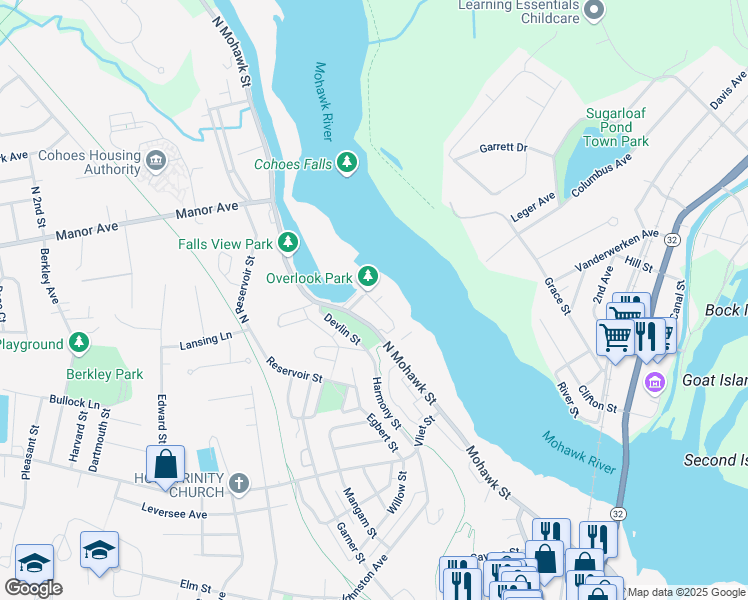 map of restaurants, bars, coffee shops, grocery stores, and more near 33 Cataract Street in Cohoes