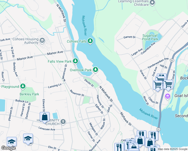 map of restaurants, bars, coffee shops, grocery stores, and more near 33 Cataract Street in Cohoes