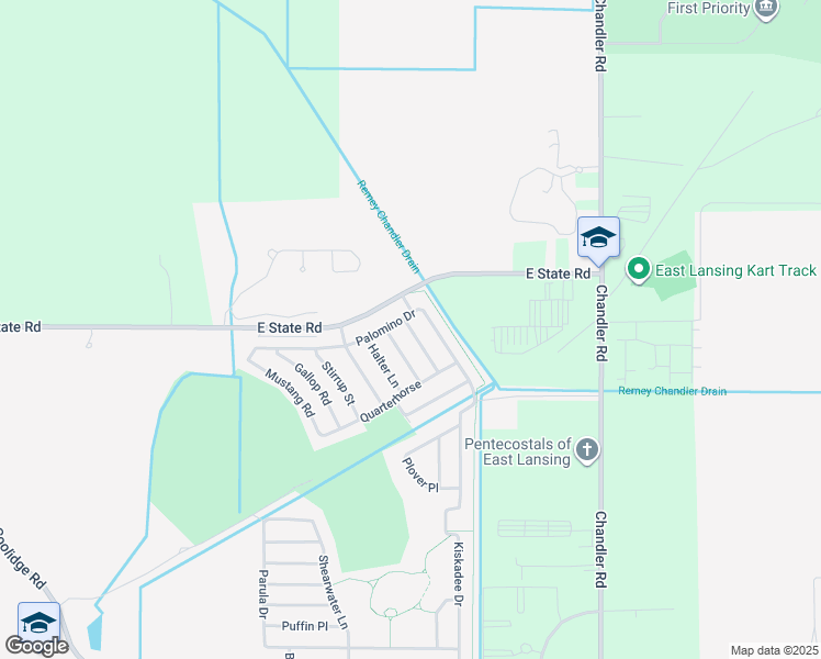 map of restaurants, bars, coffee shops, grocery stores, and more near 3998 Palomino Drive in East Lansing