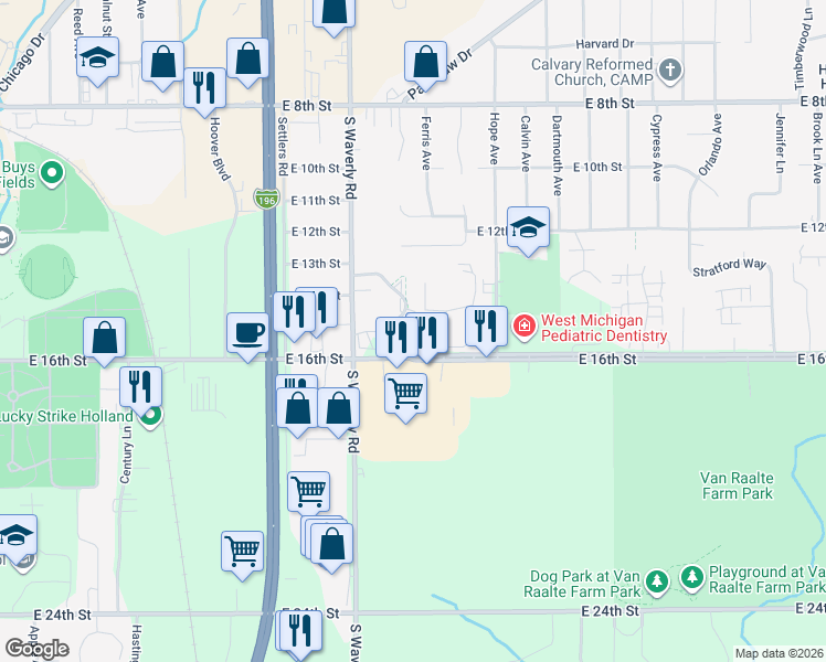 map of restaurants, bars, coffee shops, grocery stores, and more near 755 East 16th Street in Holland