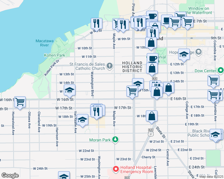 map of restaurants, bars, coffee shops, grocery stores, and more near 340 Maple Avenue in Holland