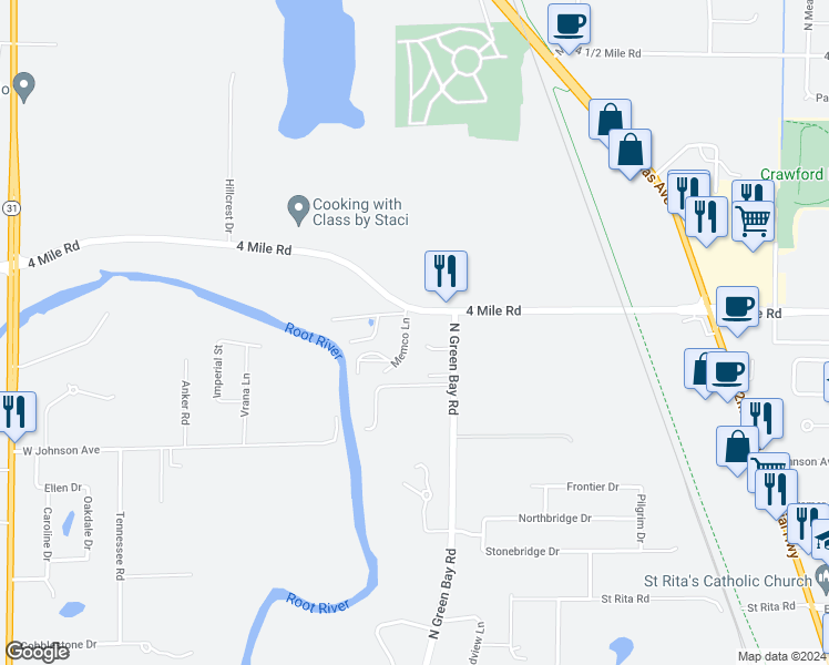 map of restaurants, bars, coffee shops, grocery stores, and more near 3306 4 Mile Road in Racine