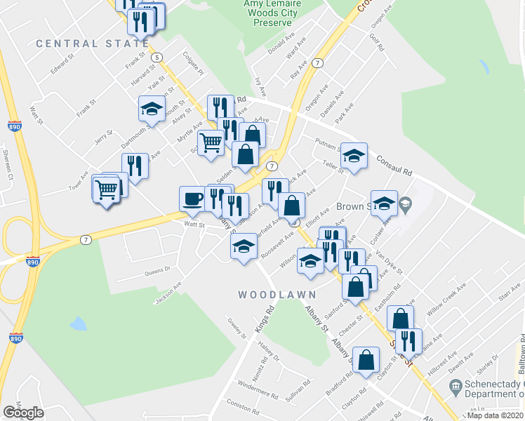 map of restaurants, bars, coffee shops, grocery stores, and more near 30 Jackson Avenue in Schenectady