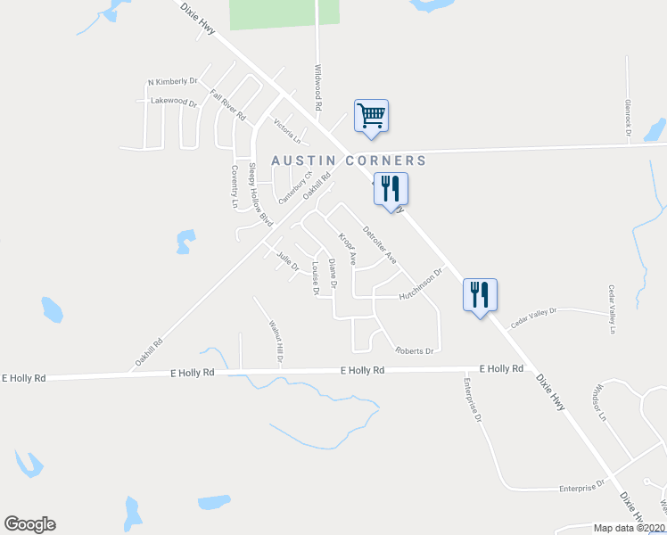 map of restaurants, bars, coffee shops, grocery stores, and more near 17112 Diane Drive in Oakland County