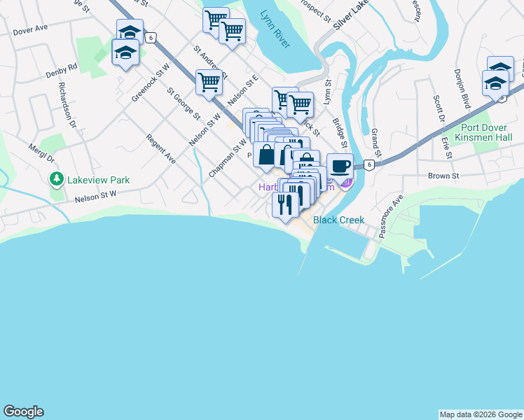 map of restaurants, bars, coffee shops, grocery stores, and more near 207 Saint George Street in Port Dover