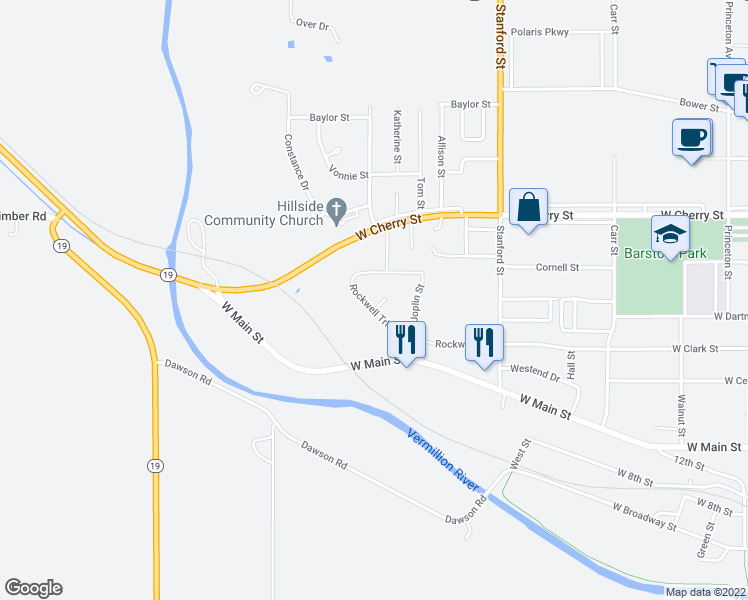 map of restaurants, bars, coffee shops, grocery stores, and more near 601 Kennedy Street in Vermillion