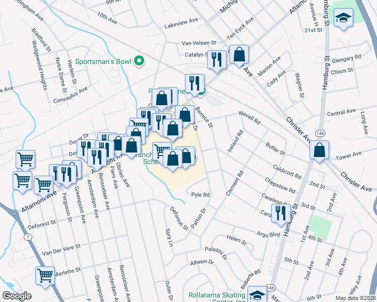 map of restaurants, bars, coffee shops, grocery stores, and more near 1400 Altamont Avenue in Schenectady