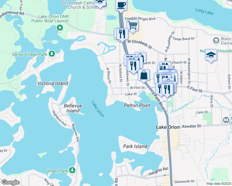 map of restaurants, bars, coffee shops, grocery stores, and more near 340 Lake Street in Orion charter Township