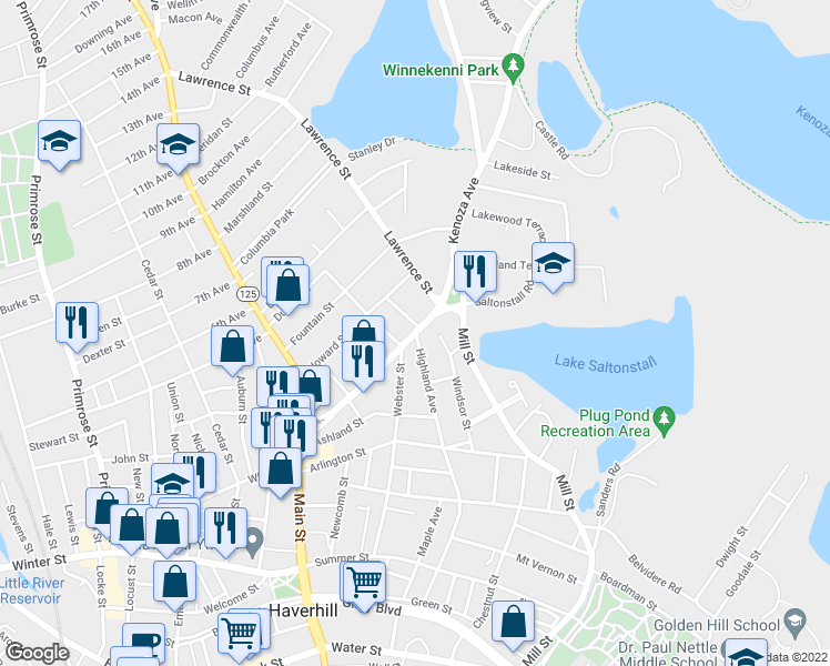 map of restaurants, bars, coffee shops, grocery stores, and more near 143 Kenoza Avenue in Haverhill